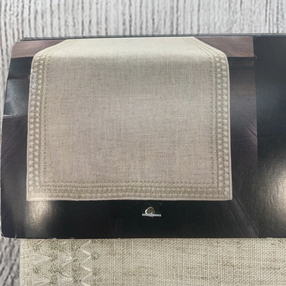 Home Wear Table Runner 14x90 Superion Natural Beige Linen Jute Embroidered Edge